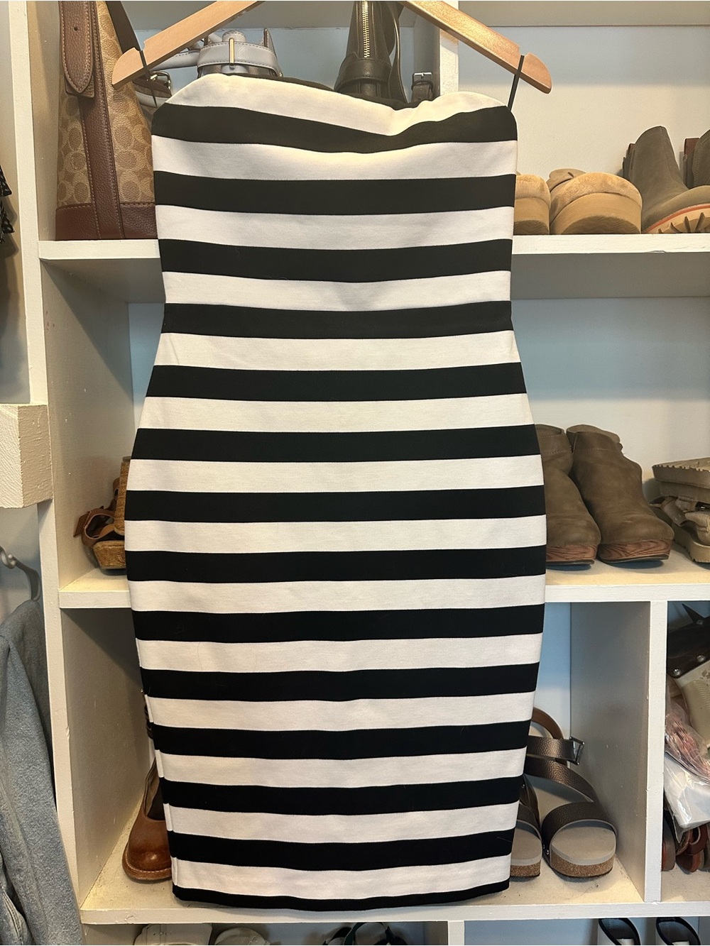Express Black and White Striped Strapless Sheath Dress